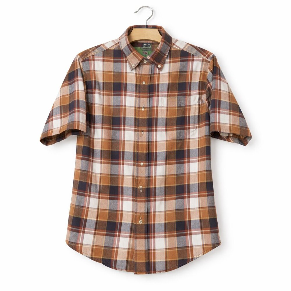 WOOLRICH | Brown, Burgundy & Navy Plaid Button-Up Shirt – Men’s Small